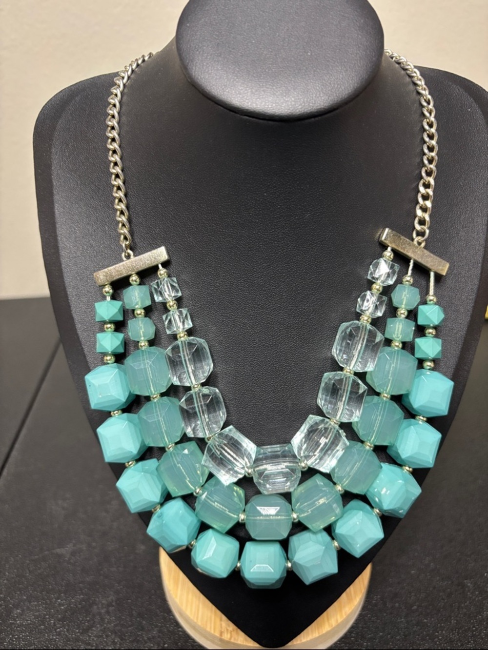Chunky Blue Acrylic Silver Tone Layered Statement Necklace